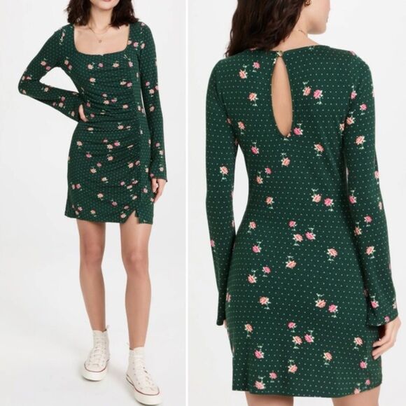 NWT Free People Celia Floral Square Neck Mini Dress Green Women’s Size Small New - Picture 15 of 15
